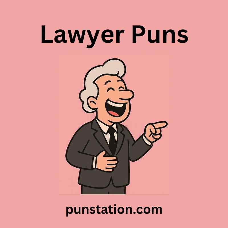 Old aged lawyer cartoon is laughing under text lawyer puns