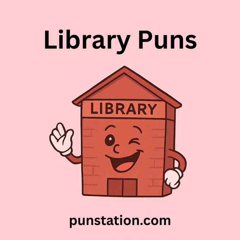 A cartoon of library is laughing under text library puns