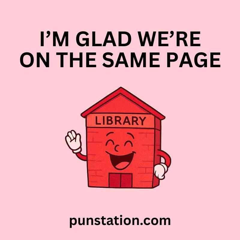 A cartoon of library is laughing with short funny pun