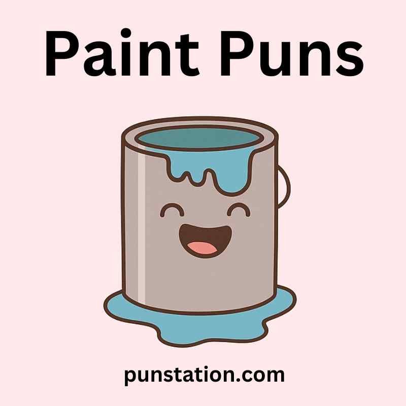 Paint bucket cartoon is laughing under text paint puns
