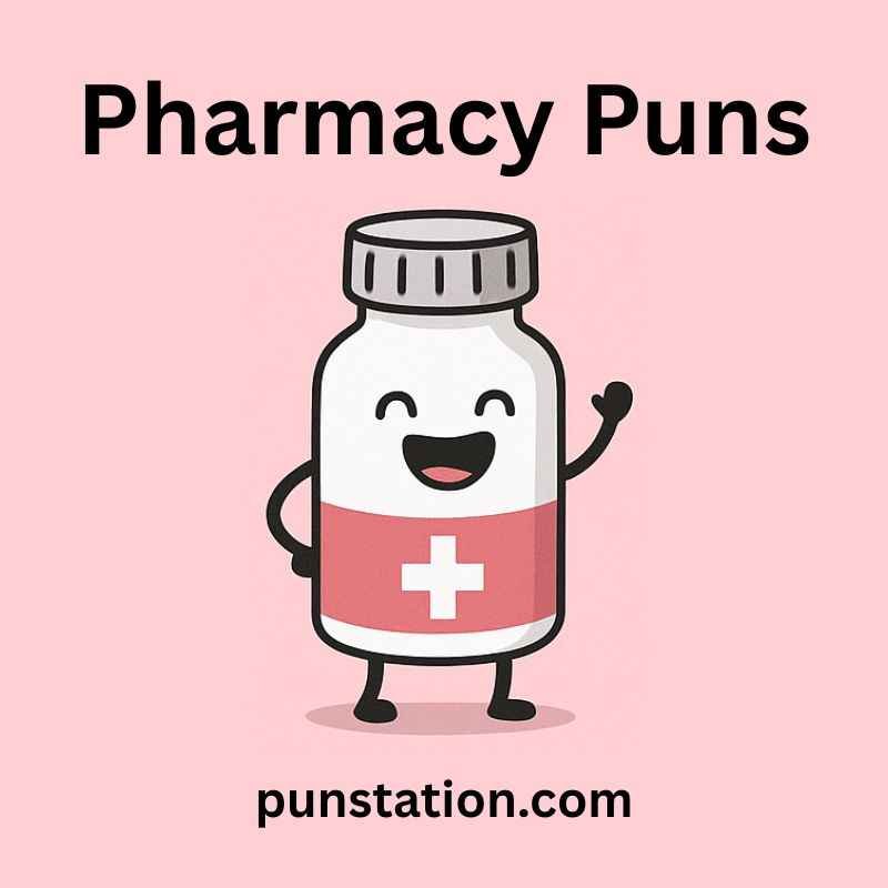 pharmacy bottle cartoon is standing and laughing under text pharmacy puns