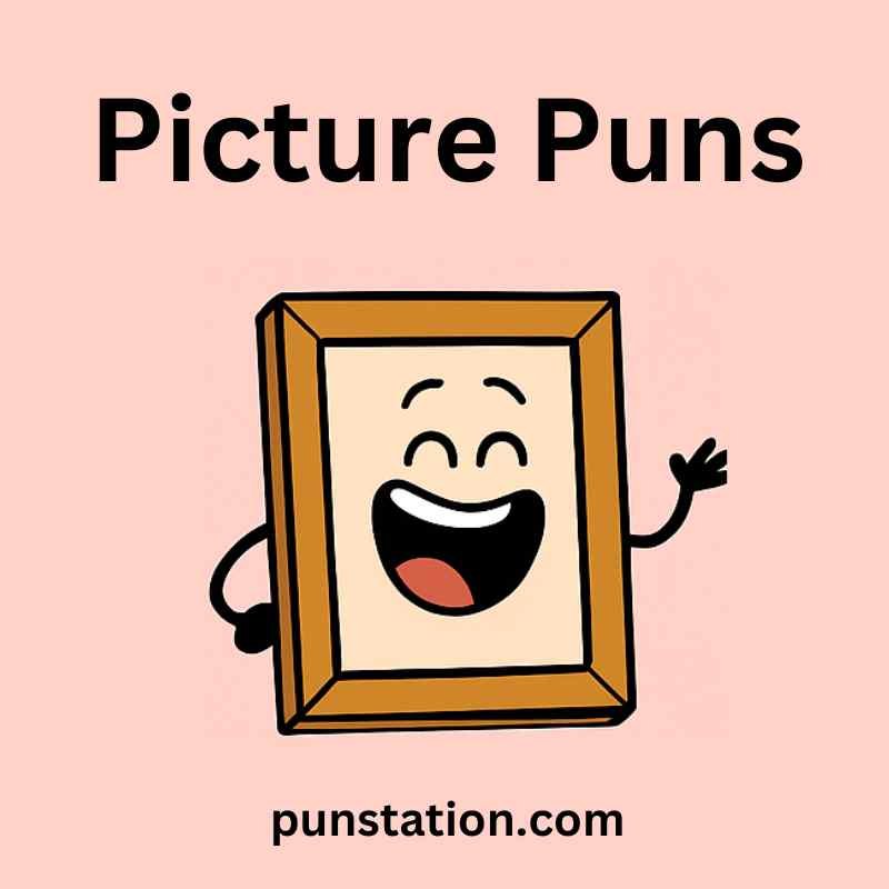 A cartoon of frame is laughing under text picture puns