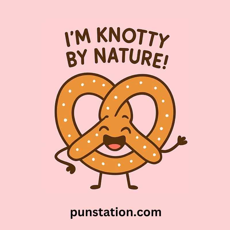 Pretzel cartoon is standing and laughing with short pun