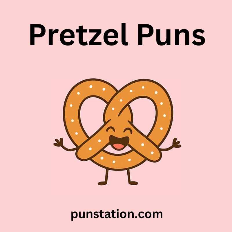 Pretzel cartoon is standing and laughing under text Pretzel Puns