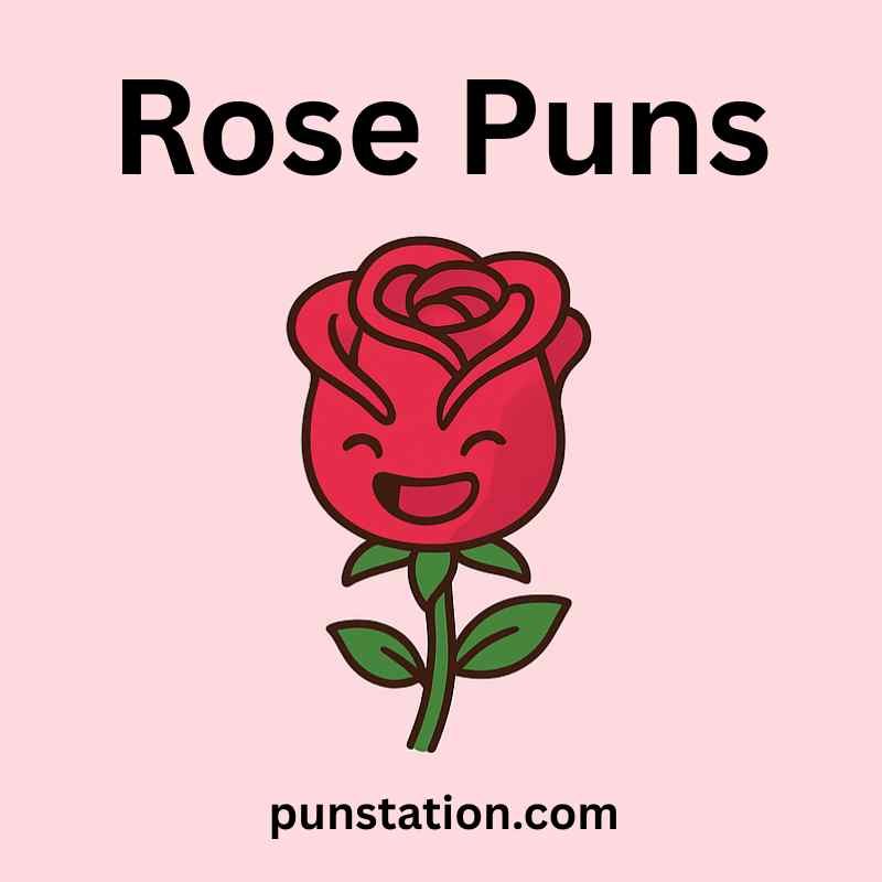 Rose cartoon is laughing under text rose puns