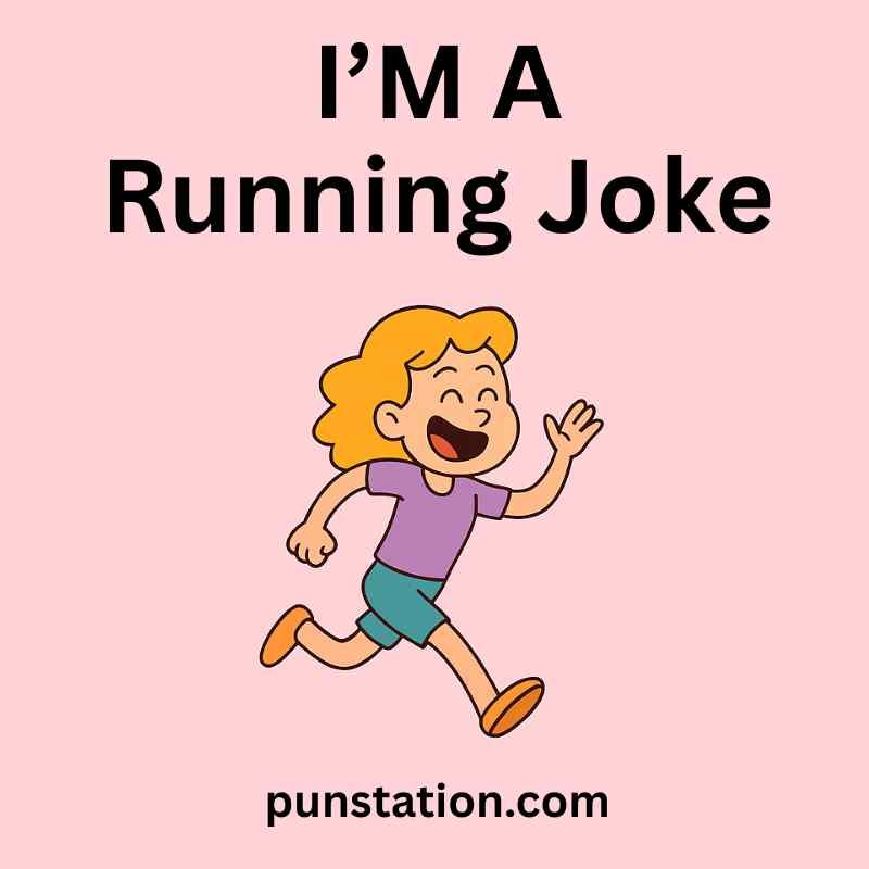 A girl cartoon is running and laughing with funny text