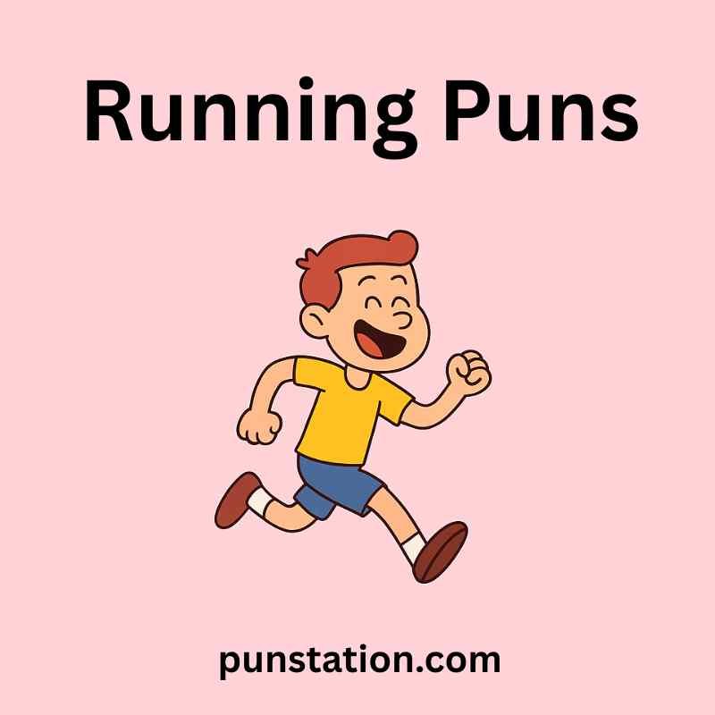 A cartoon of boy is laughing and running under text running puns
