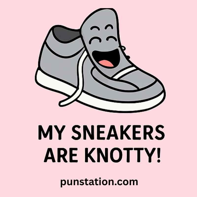 A cartoon of sneaker shoe is laughing with funny pun