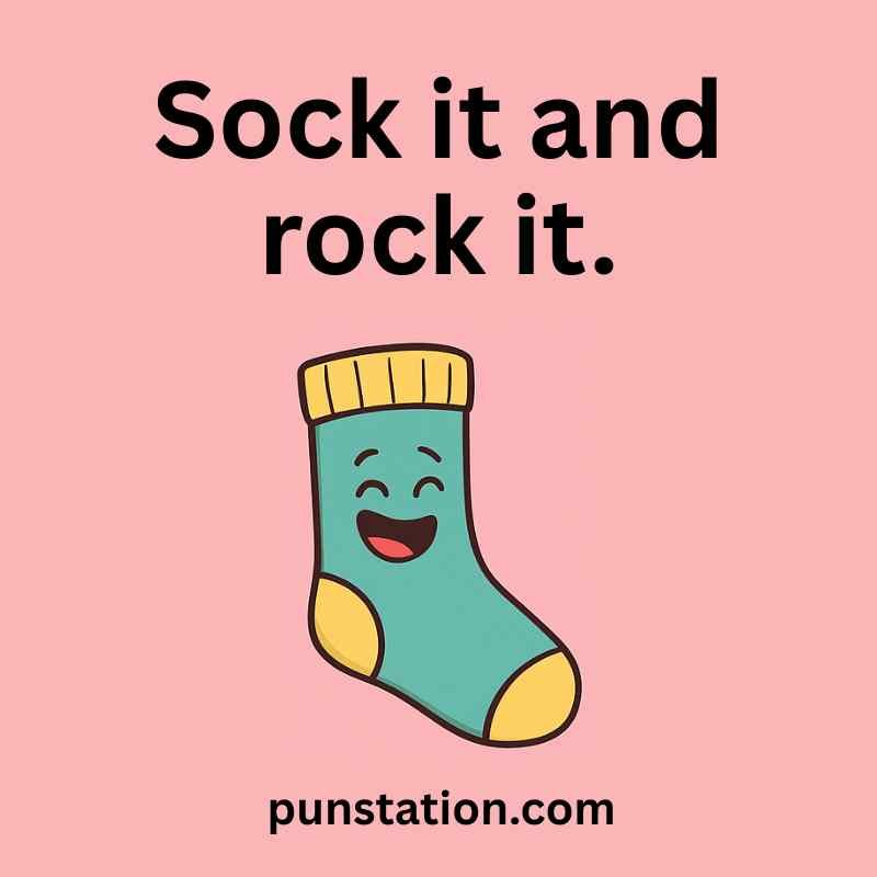 A cartoon of green sock is laughing with funny one liner pun