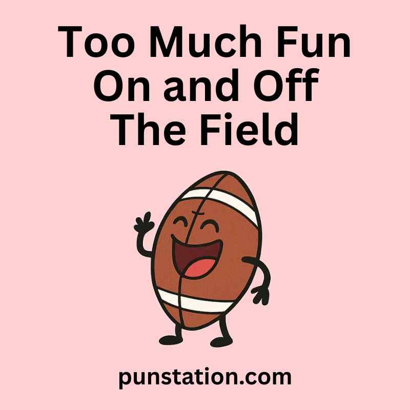 Funny football cartoon is standing and laughing with funny sport pun