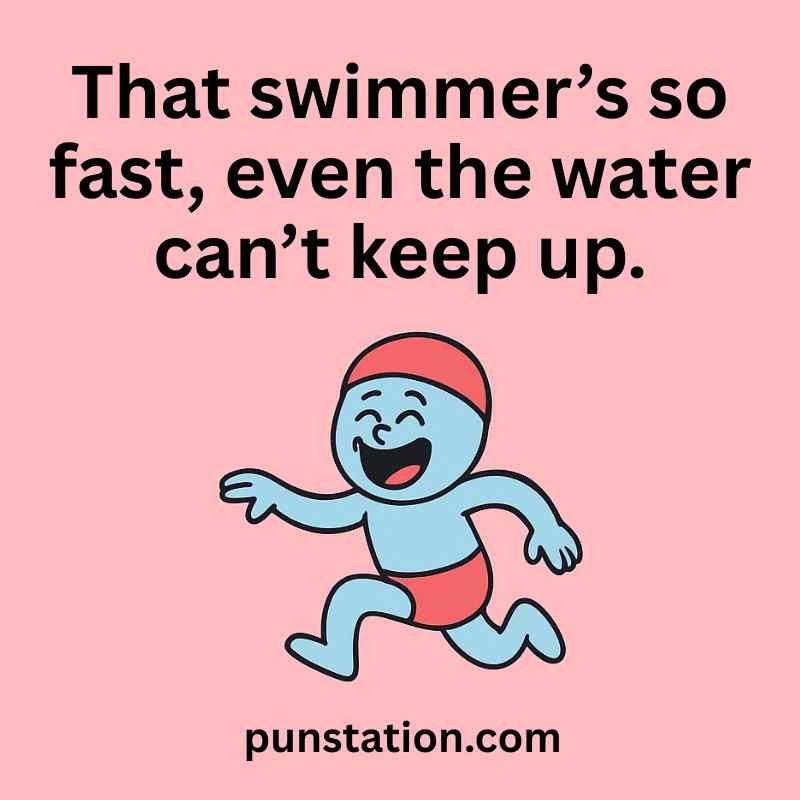 A cartoon of swimming man is laughing under funny pun