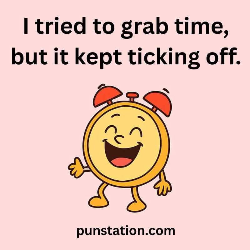 Yellow clock cartoon ins laughing with funny time pun