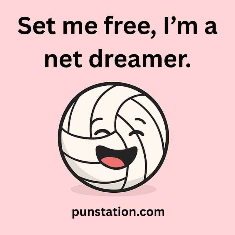 A cartoon of volleyball is laughing under one liner pun