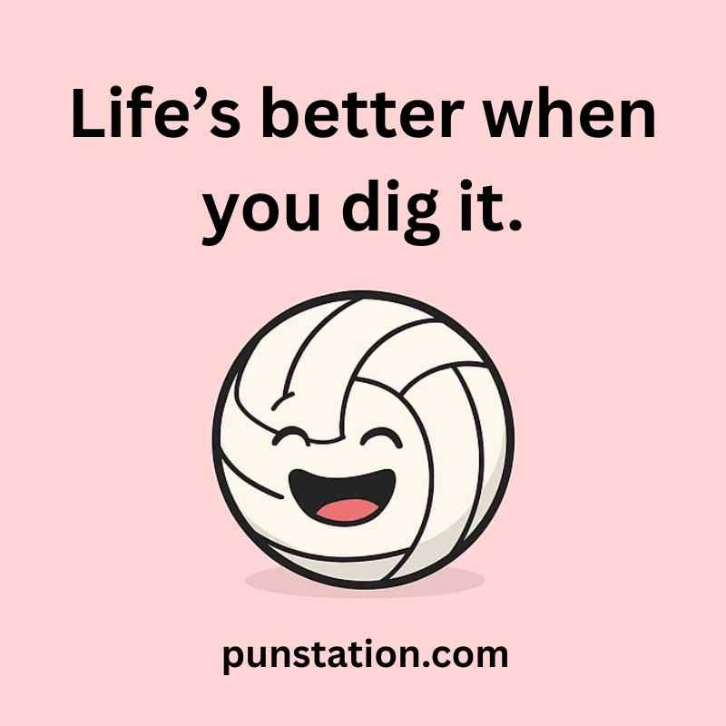 Volleyball cartoon is laughing with short pun text
