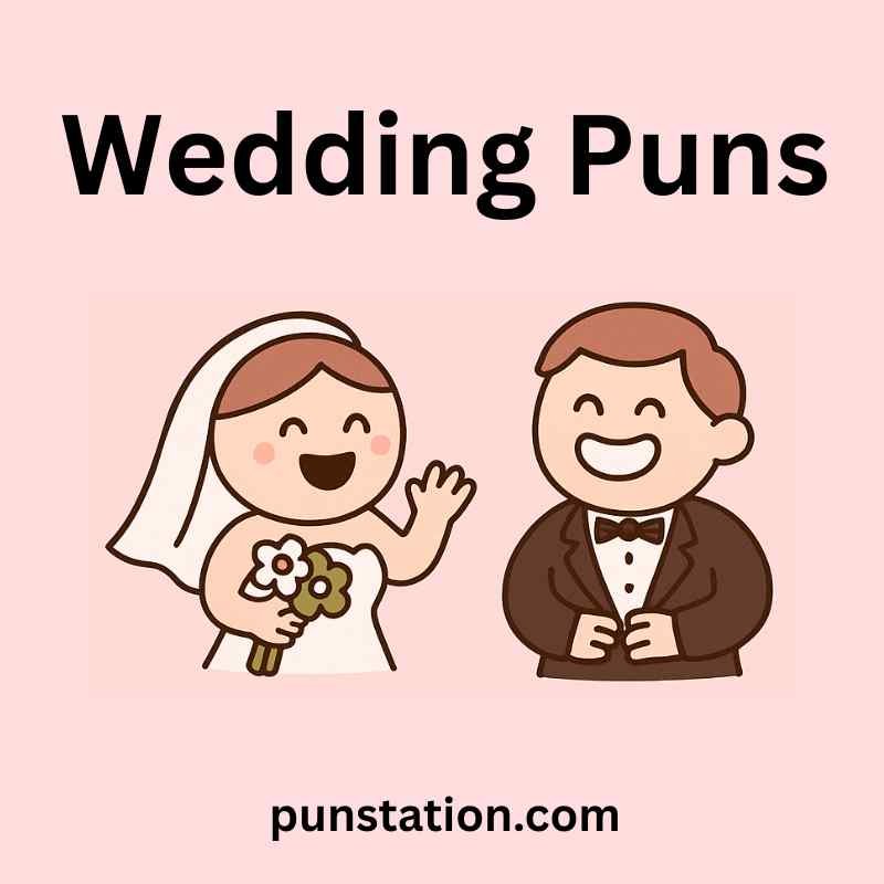 A broom and bride are laughing under text wedding puns