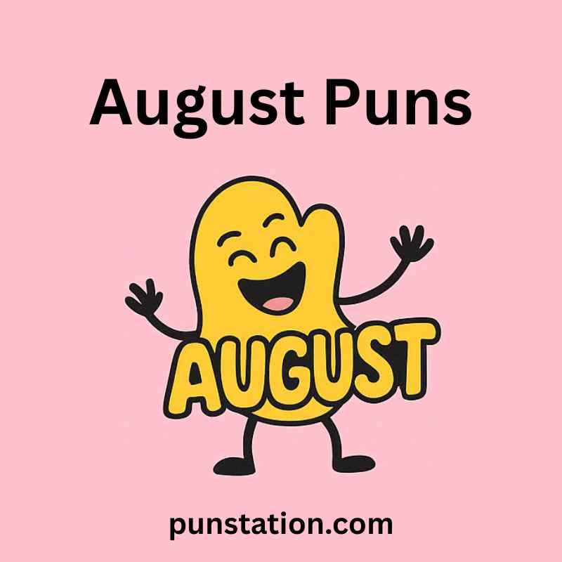 Funny random cartoon of august in yellow colour is standing and laughing under text august puns