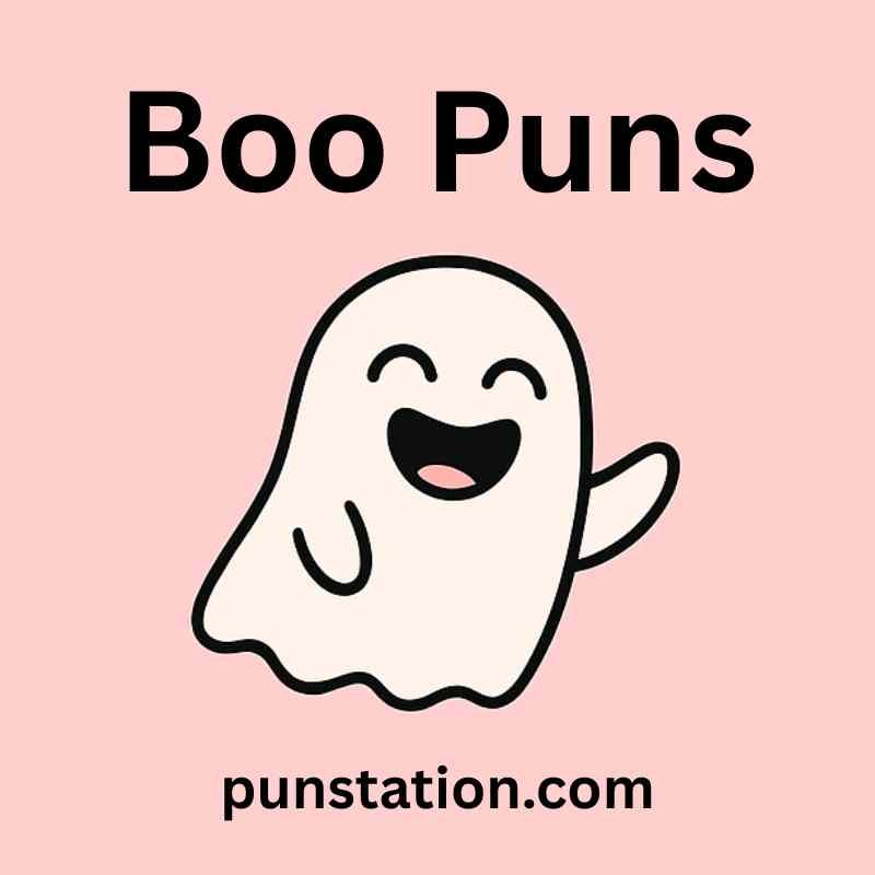 A cartoon of boo is laughing under text boo puns
