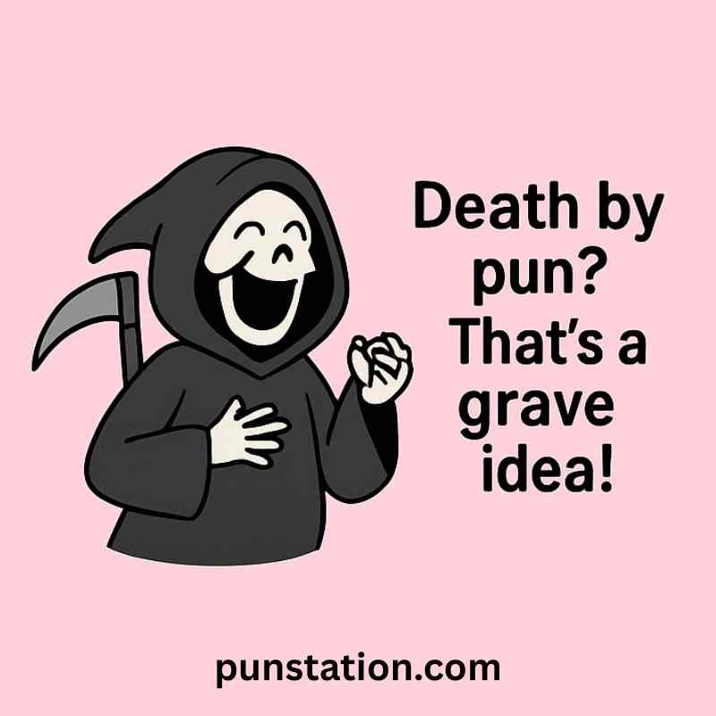 Funny death cartoon is laughing with one liner pun