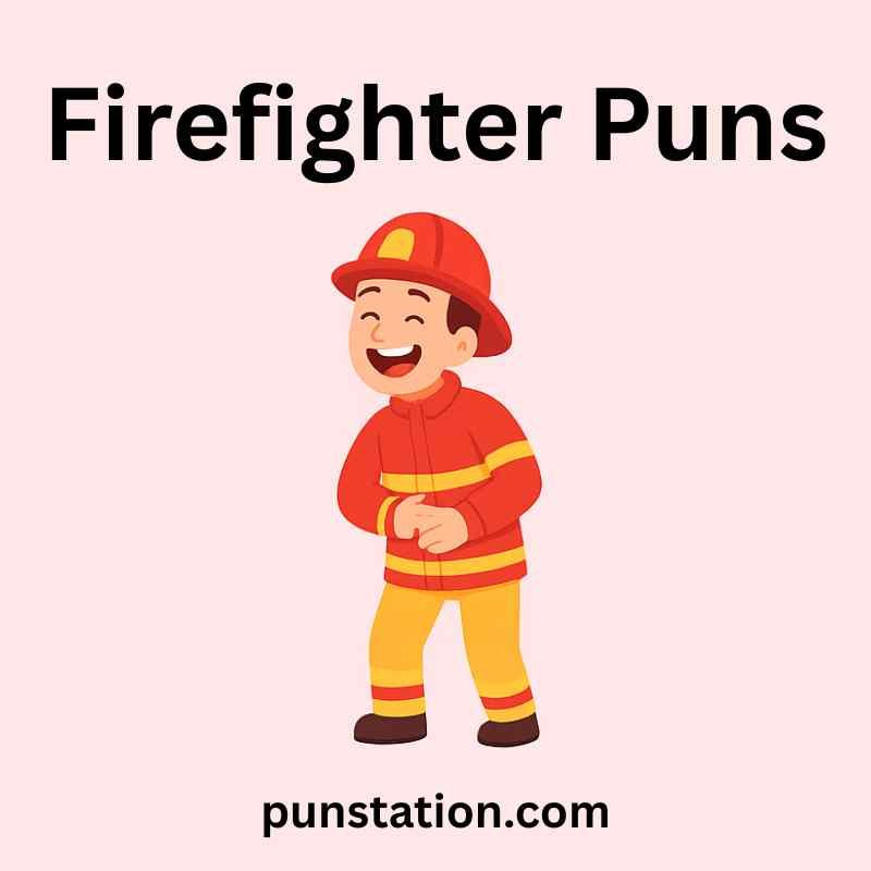 Firefighter cartoon is laughing under text firefighter puns