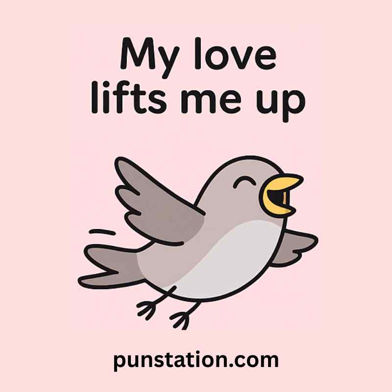 A cartoon of bird is flying with love pun text