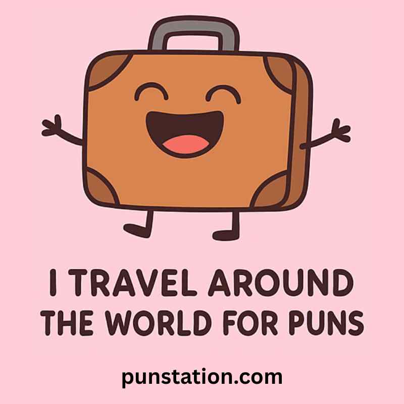 Suitcase cartoon is jumping and laughing with funniest travel pun