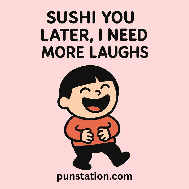 A cartoon of japanese man is standing and laughing with funnies japan pun
