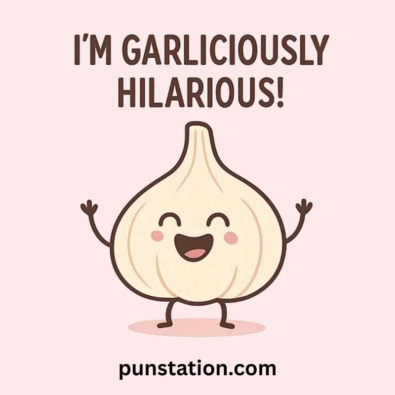 Funny cartoon of garlic is standing and laughing with pun