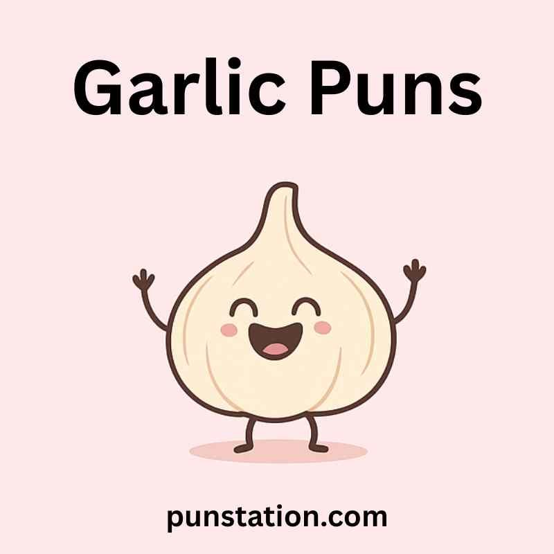 a garlic cartoon is laughing and rising hands under text garlic puns