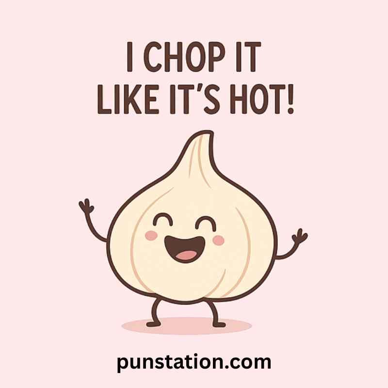 A garlic cartoon is standing under short pun