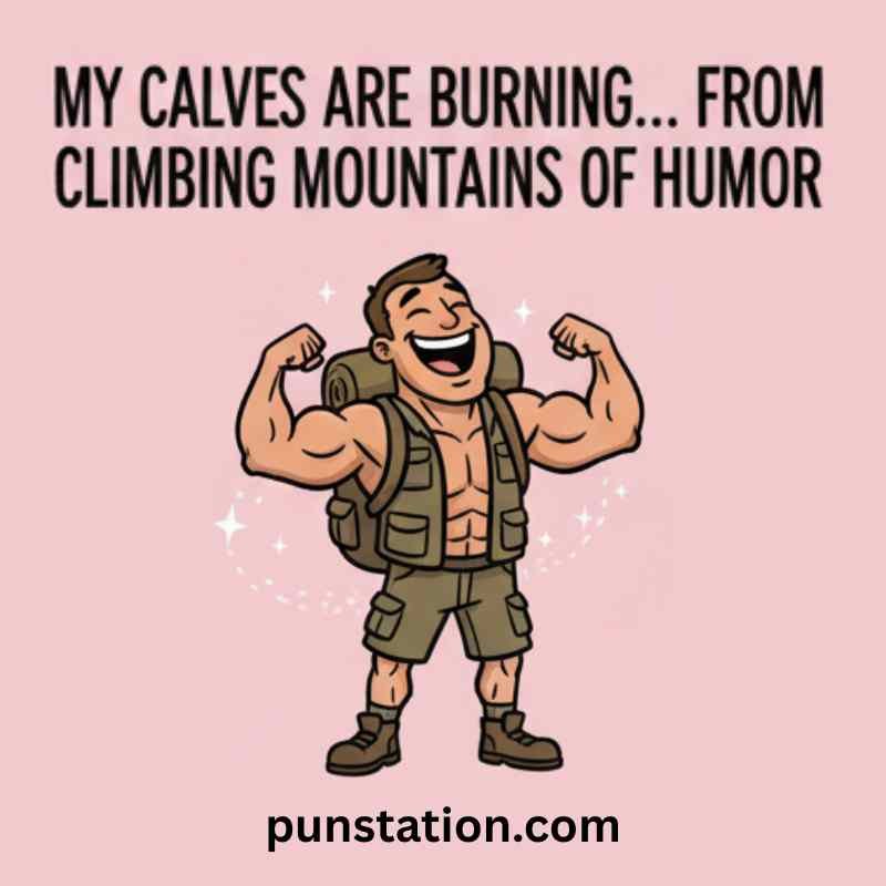 Body builder Hiker cartoon is standing and laughing with one liner pun