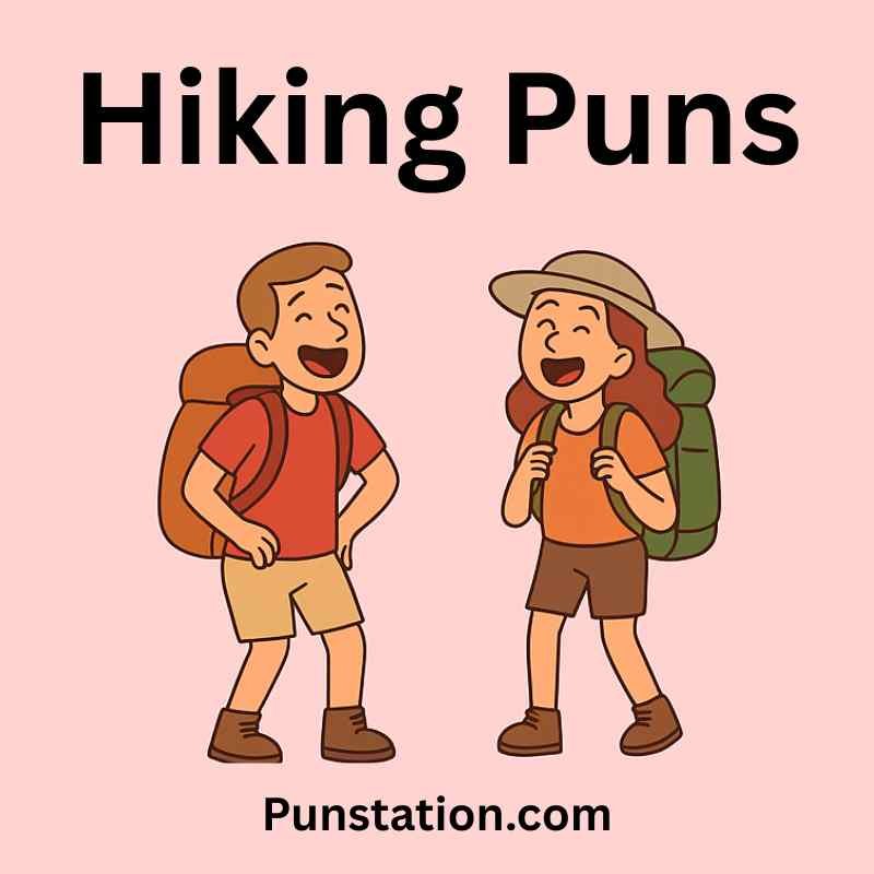 A man and woman hiker cartoons are laughing under text hiking puns