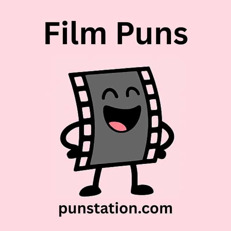 A film reel cartoon is standing and laughing under text film puns and jokes