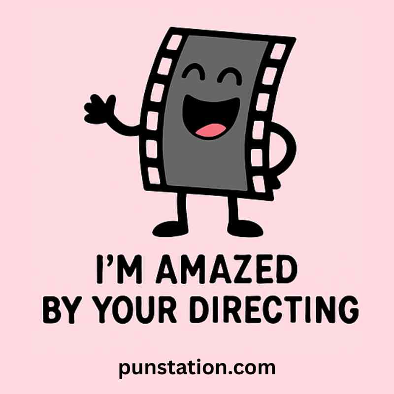 A cartoon of film reel is standing and laughing with funny pun