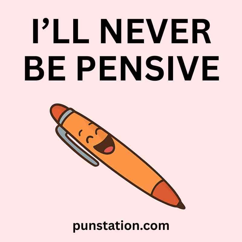 Yellow pen cartoon is laughing with one liner pen pun