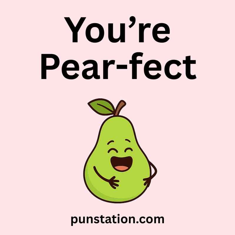 A pear cartoon is laughing under funny and short pun