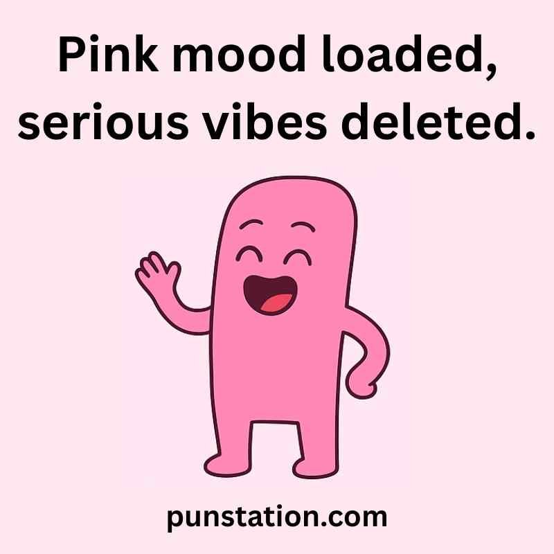 Random Pink Cartoon is Standing and Laughing WIth Short Pun