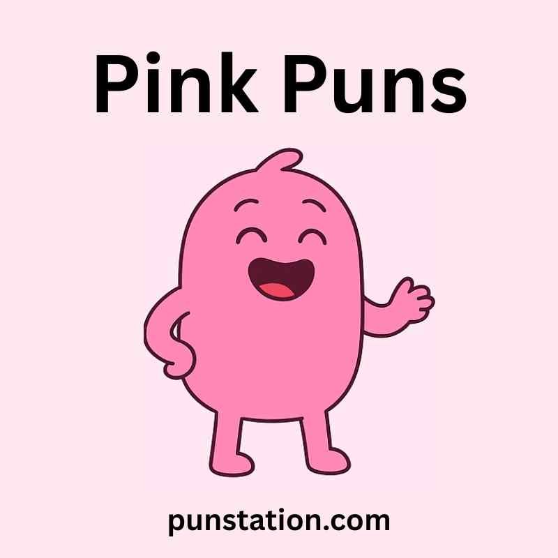 Random Pink Cartoon is Standing and Laughing Under Text Pink Puns