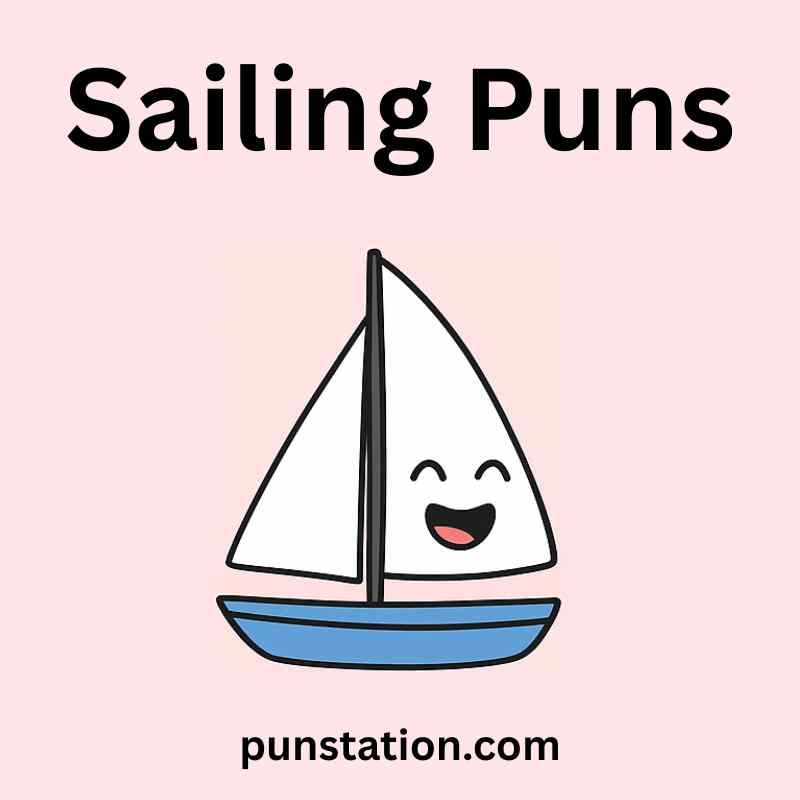 A cartoon of blue boat is laughing under text sailing puns