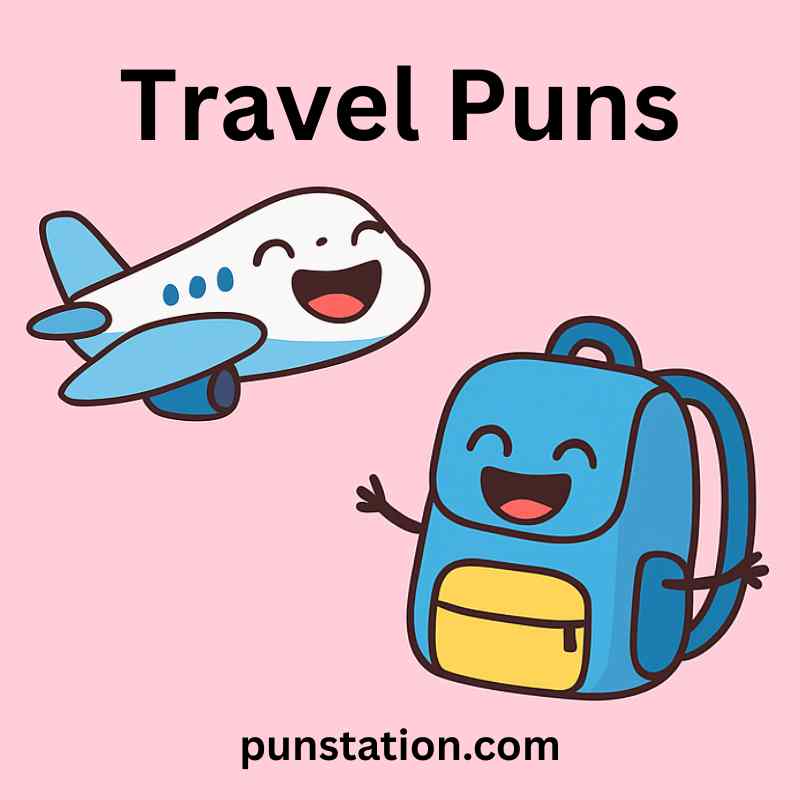 Funny airplane and bag cartoon is laughing under text travel puns