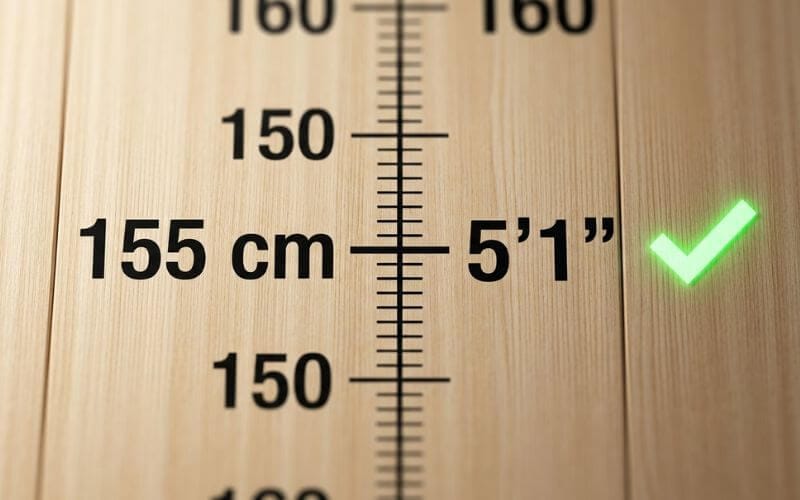 A close-up measurement chart focusing on the 155 cm (5 feet 1 inch) mark, highlighting it as 42 Dugg’s official height.