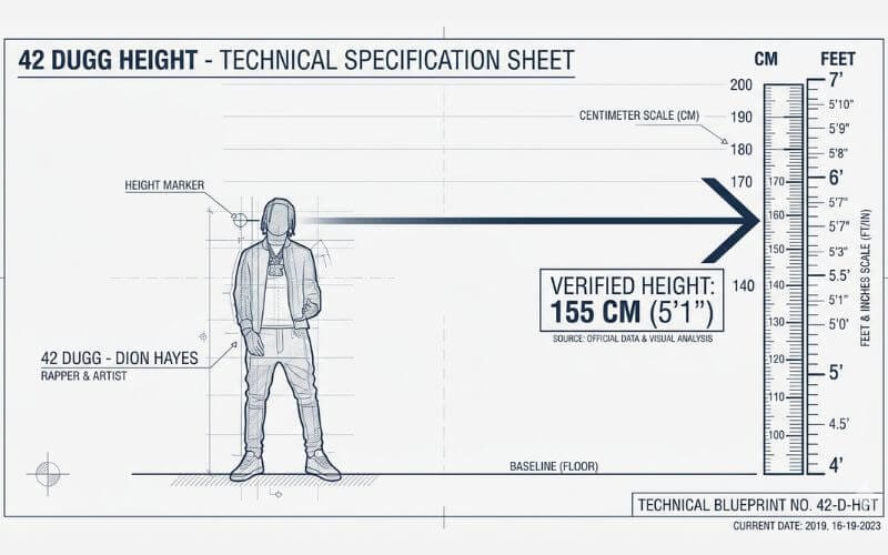 A professional infographic showing 42 Dugg’s silhouette standing at 155 cm (5'1") against a vertical height measurement scale.