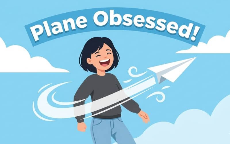 Flat vector illustration of a happy character throwing a paper airplane with a jet trail