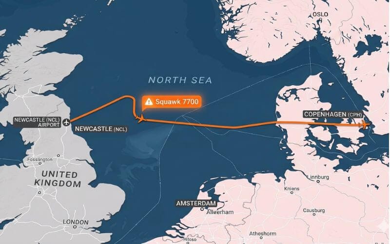 Radar map showing EasyJet Flight U2238 making a sharp left turn over the North Sea toward Newcastle.