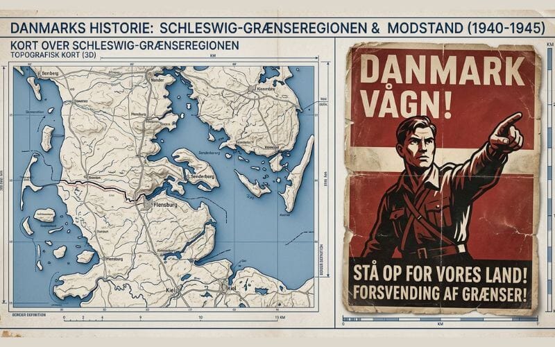 A map highlighting the Schleswig region next to a "Danmark Vågn" propaganda poster.