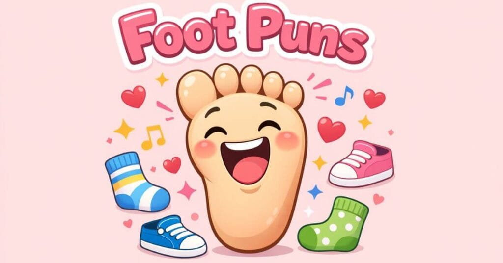Laughing foot cartoon under text Foot Puns in ligh pink background