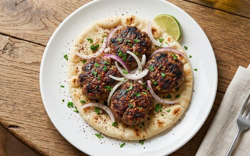 An appetizing overhead view of the finished Levapioli recipe, showing four grilled meat patties nestled in flatbread with fresh red onions.