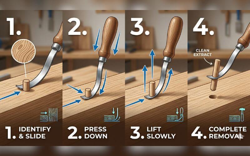 A 4-step visual guide showing how to slide the blade of the Levapioli tool under a wooden pin and lift it safely from the hole.