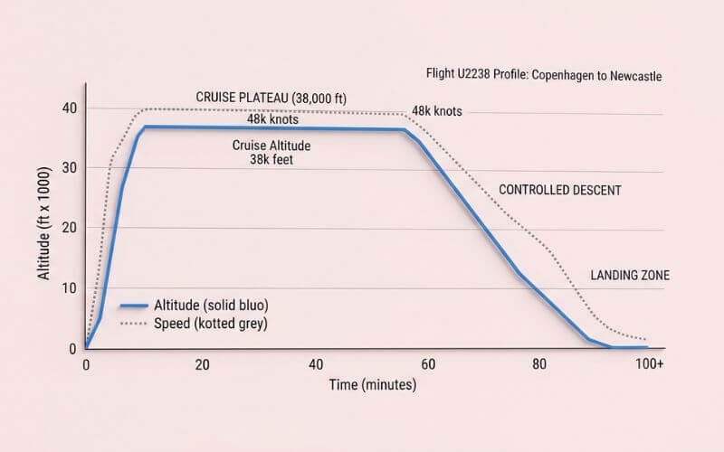 Technical line graph showing the rapid descent of EasyJet Flight U2238 from 38,000 feet to landing at Newcastle Airport.