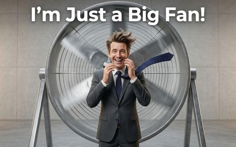 3D render of a laughing man in a suit standing in front of a giant industrial fan.
