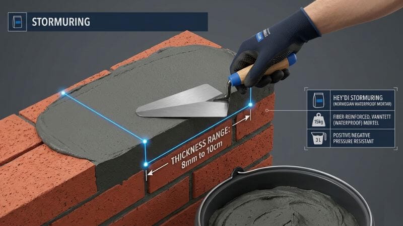 Step-by-step 3D visual guide demonstrating how to trowel Stormuring layer thickness on brick walls